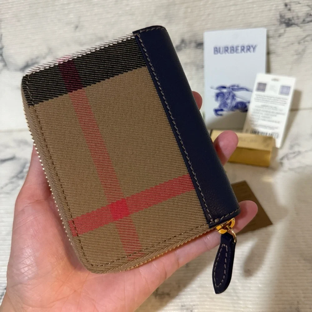 Burberry Check Canvas Navy Blue Zip Around Wallet - Picture 7 of 17